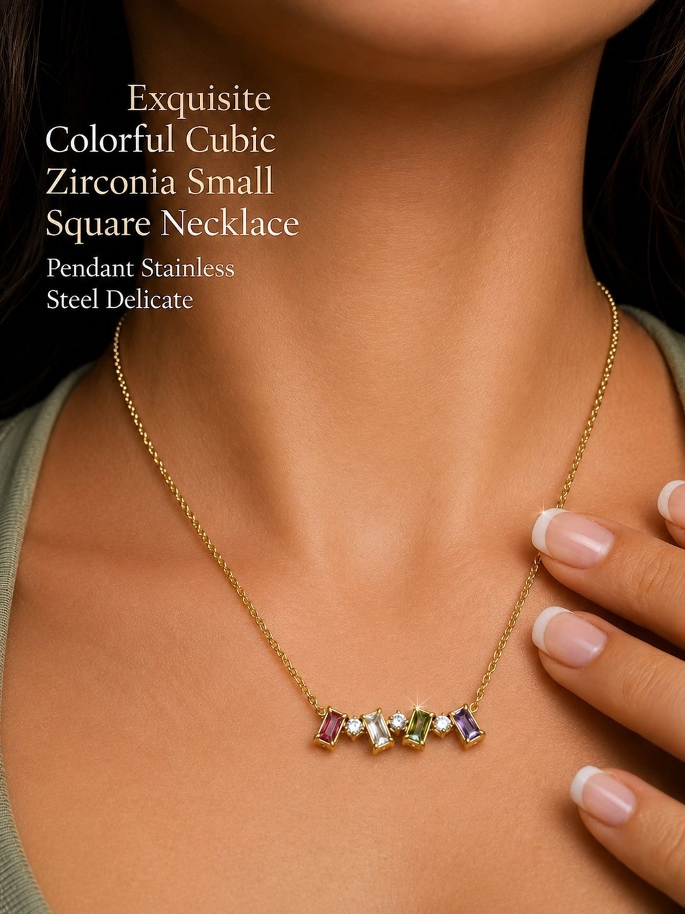 Gold Necklace with Multicolor Square Gemstones